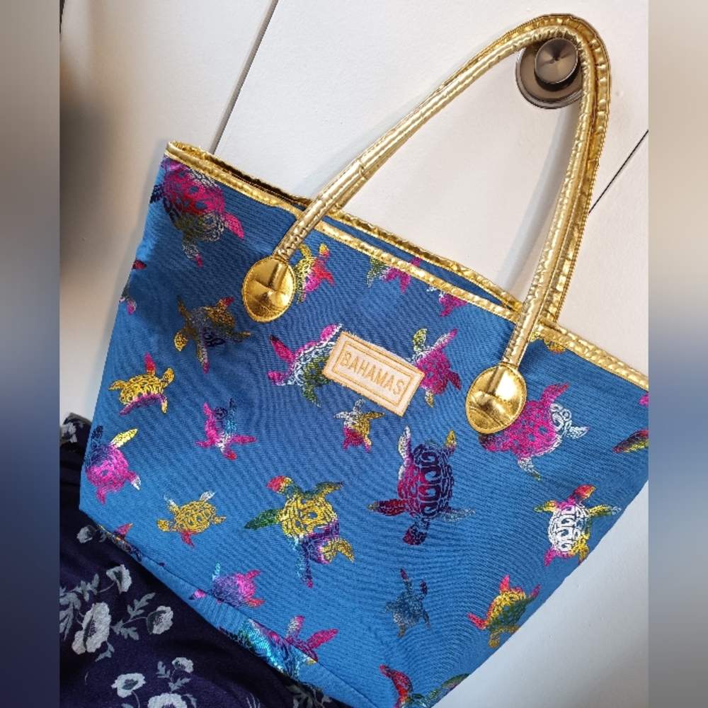 New 💖 Bagamas Huge Ocean Blue and Gold Women's Beach Tote Bag